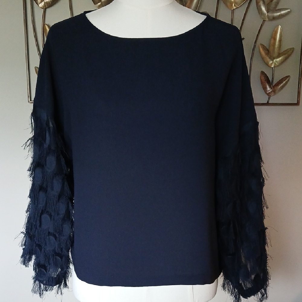 Navy Blue Relaxed Fit Top Eyelash Sleeve Sz 2